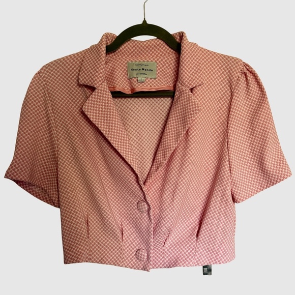 Haute Monde Pink Houndstooth Cropped Short Sleeve Blazer Size Large Office Siren - Picture 1 of 11